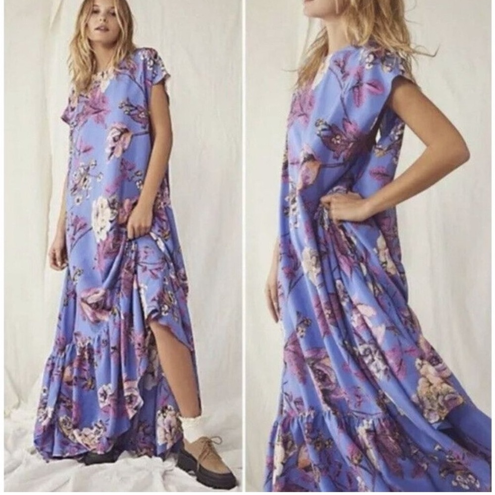 Free People Silk Floral Boho Maxi Dress Purple Oversized XS Flowing